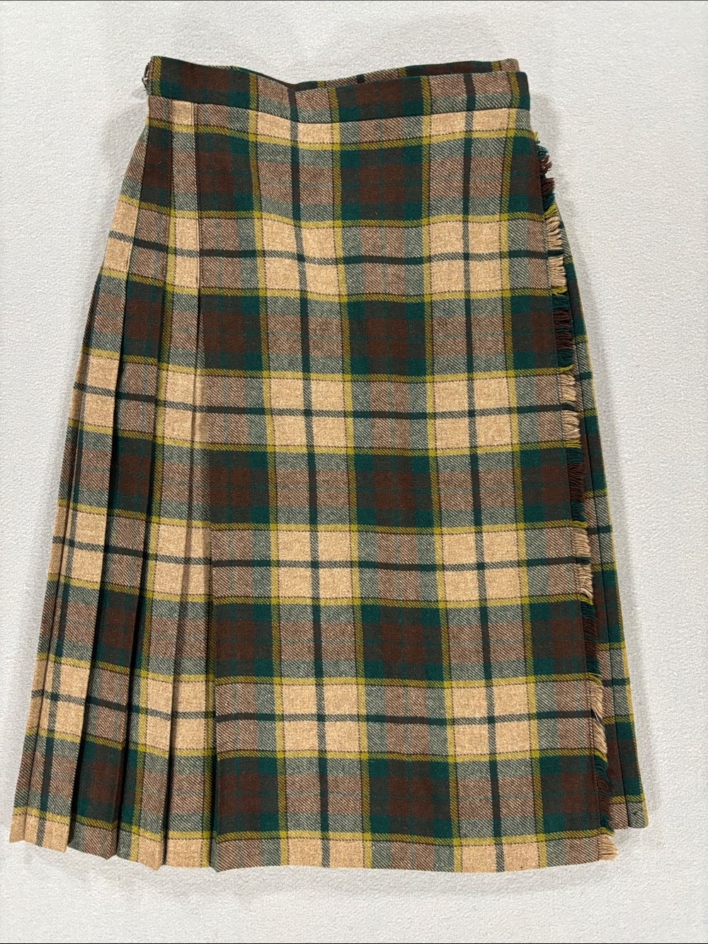 Scotland Wool Murray Bros. Plaid Pleated Midi Skirt in Beige, Green & Brown 14